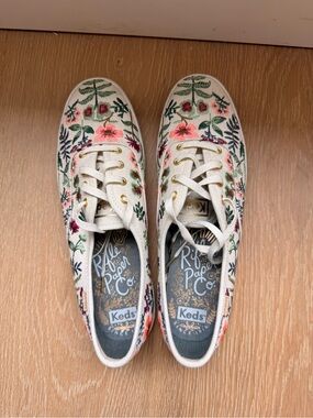 Keds Floral Embroidered Canvas Sneakers - Cream with Pink & Green Accents